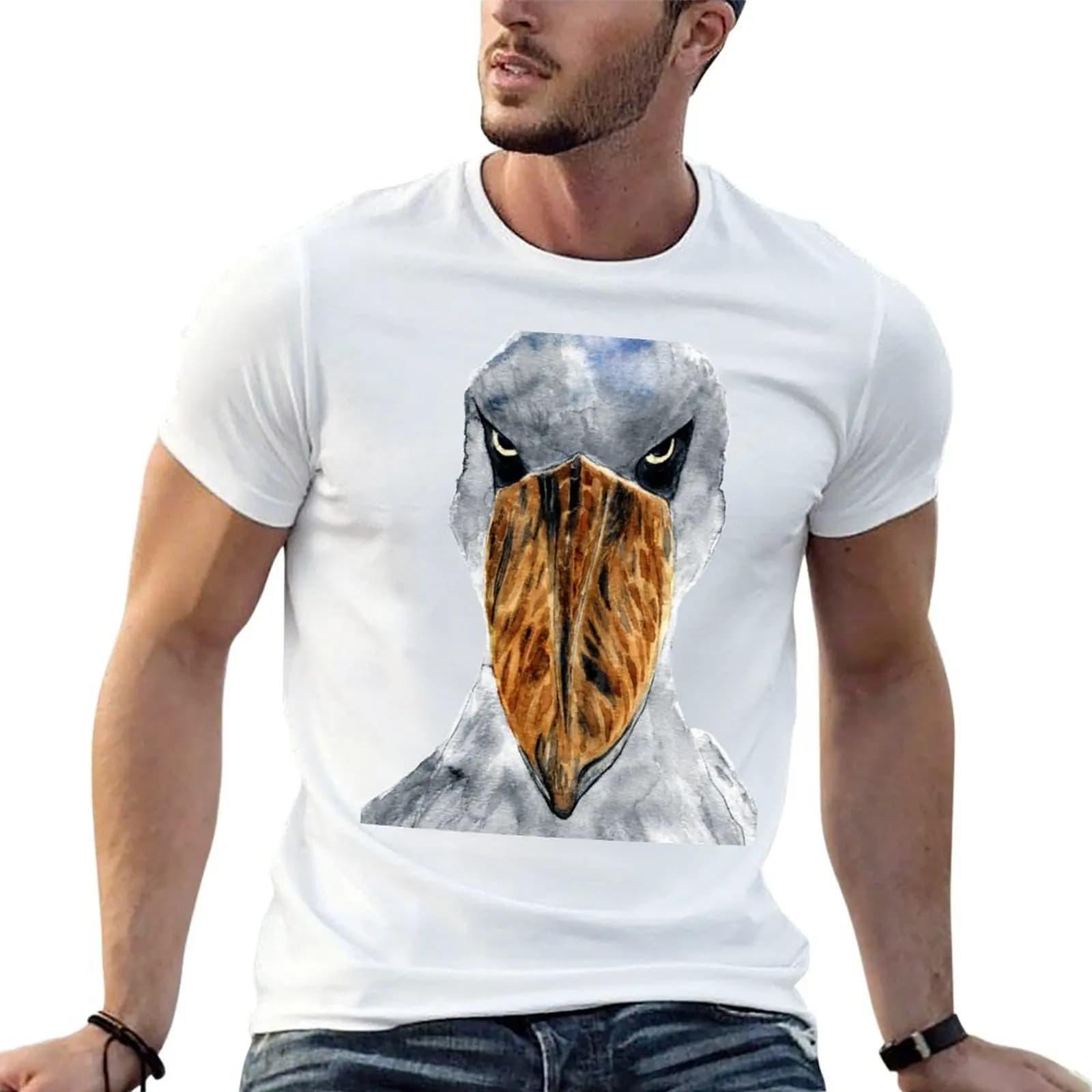 Shoebill bird in watercolour T-Shirt croswit shirt man plus size tops mens shirts graphic tee