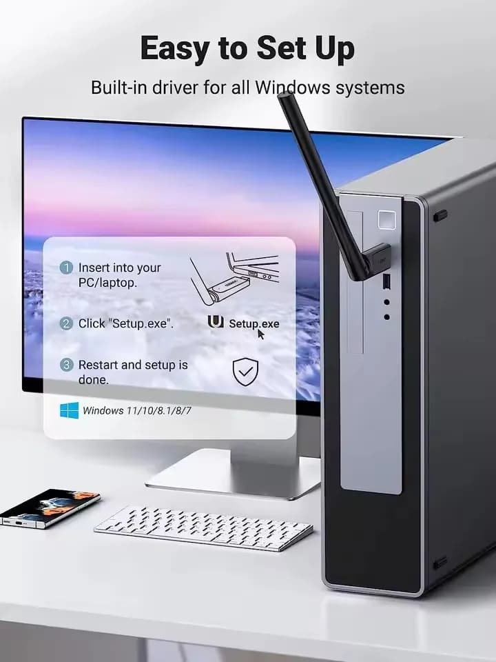 UGREEN CM496 AC650 USB WiFi Adapter for PC Desktop 6dBi Antenna 2.4GHz 5GHz Dual Band Wireless Adapter