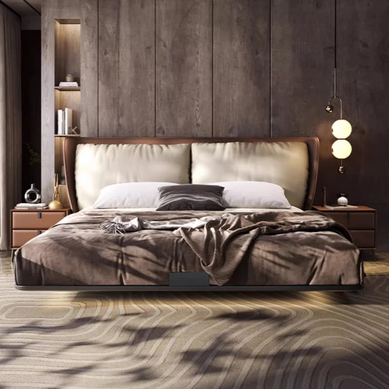 # L Mid Century 200x220cm Genuine Leather Cama Casal Bedroom Luxury Double Bed Elegant Design Modern Minimalism King Bed Furnitu