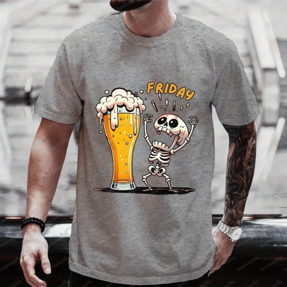 Men's Cotton T-Shirt Funny Design "Finally Friday" with Beer Jar Short Sleeve and Round Neck Casual Clothing for Beer Lovers Top