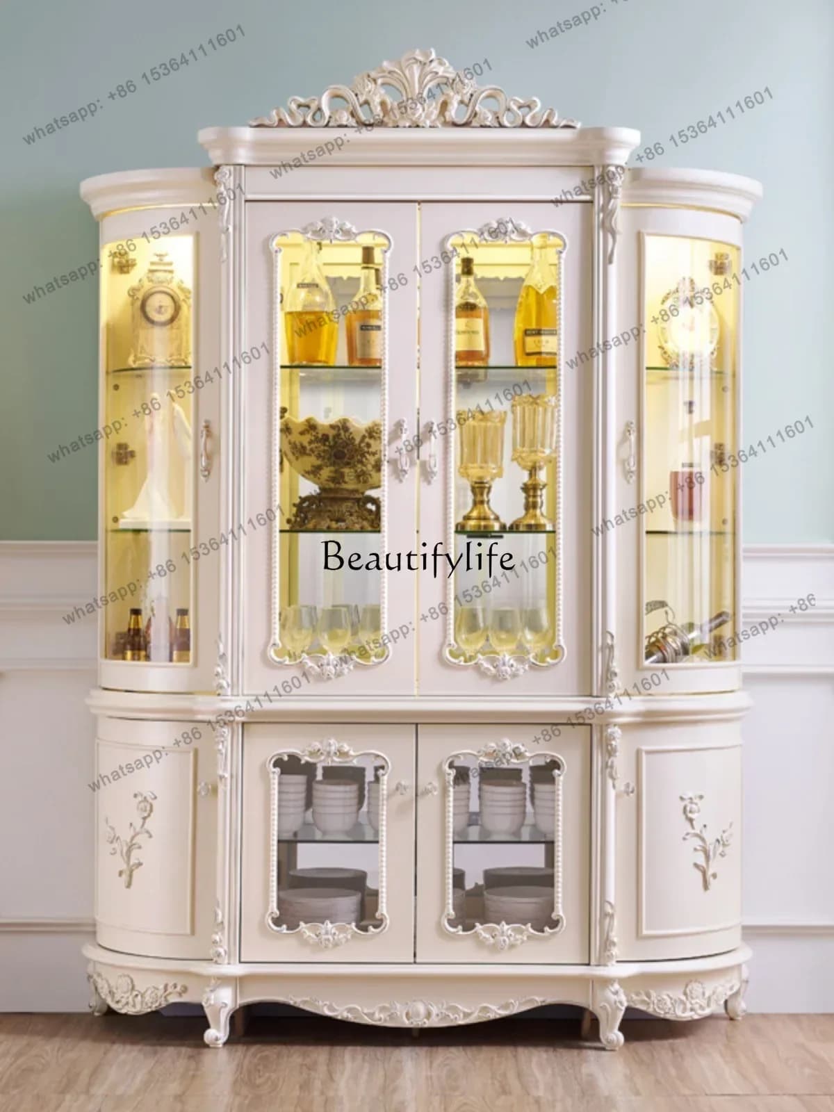FG European-Style Wall Home Living Room Glass Display Luxury Curio Cabinet Locker with Door