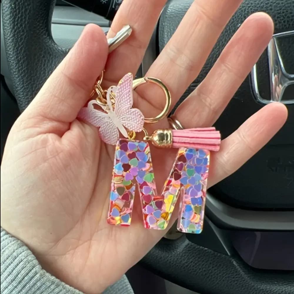 Creative Dreamy 26 Letter Keychain A-Z Alphabet Butterfly Initial Keyring Resin Tassel Alphabet Key Chain Gift