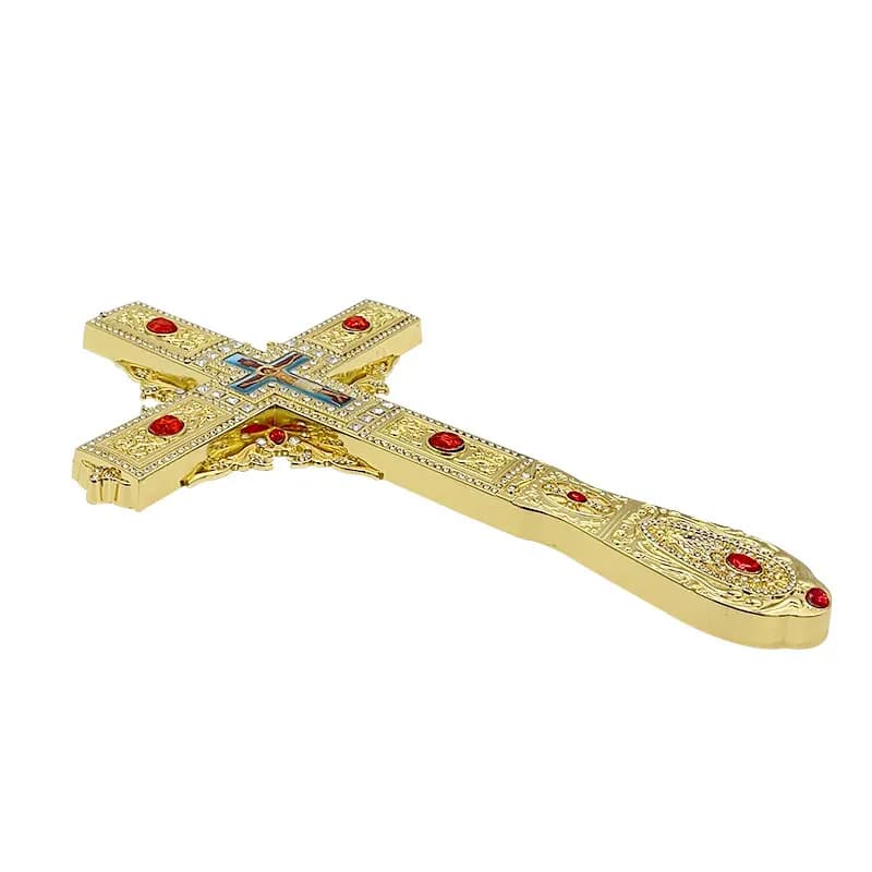 Gold Plated Orthodox Hand Blessing Cross with Red Gems for Church Liturgy Home Altar Prayer Devotion Christian Gift Decor