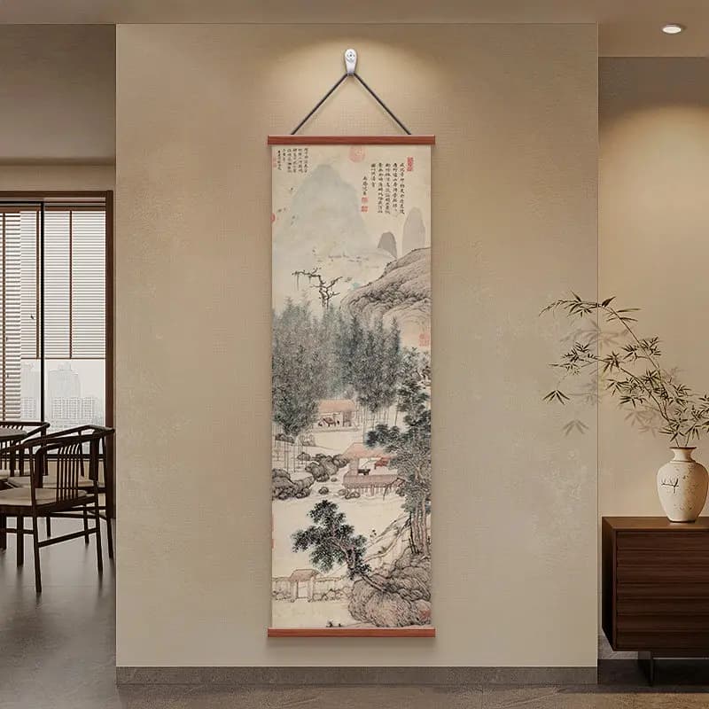 Zen Wall Scroll - Wabi-sabi Ink Mountain Landscape Art, Oriental Wall Decor for Tea Room, Study, Entrance, Aesthetic Room Decor