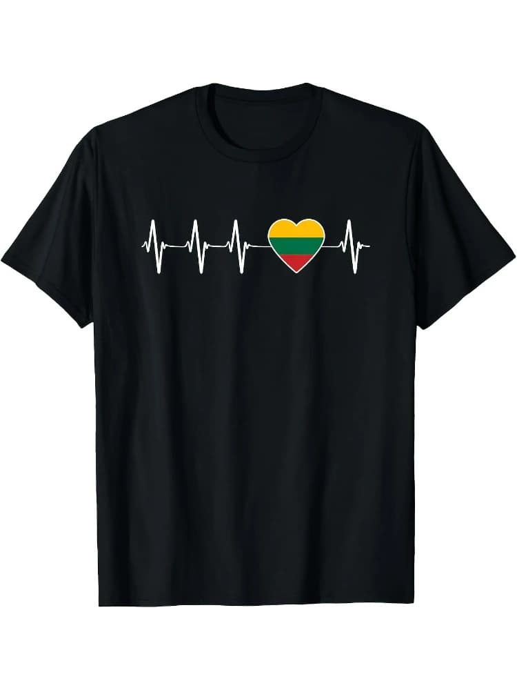 Patriotic Lithuanian Heartbeat  - with Lithuanian Flag Colors Graphic 100 cotton O-neck short sleeve printed men's T-shirt.