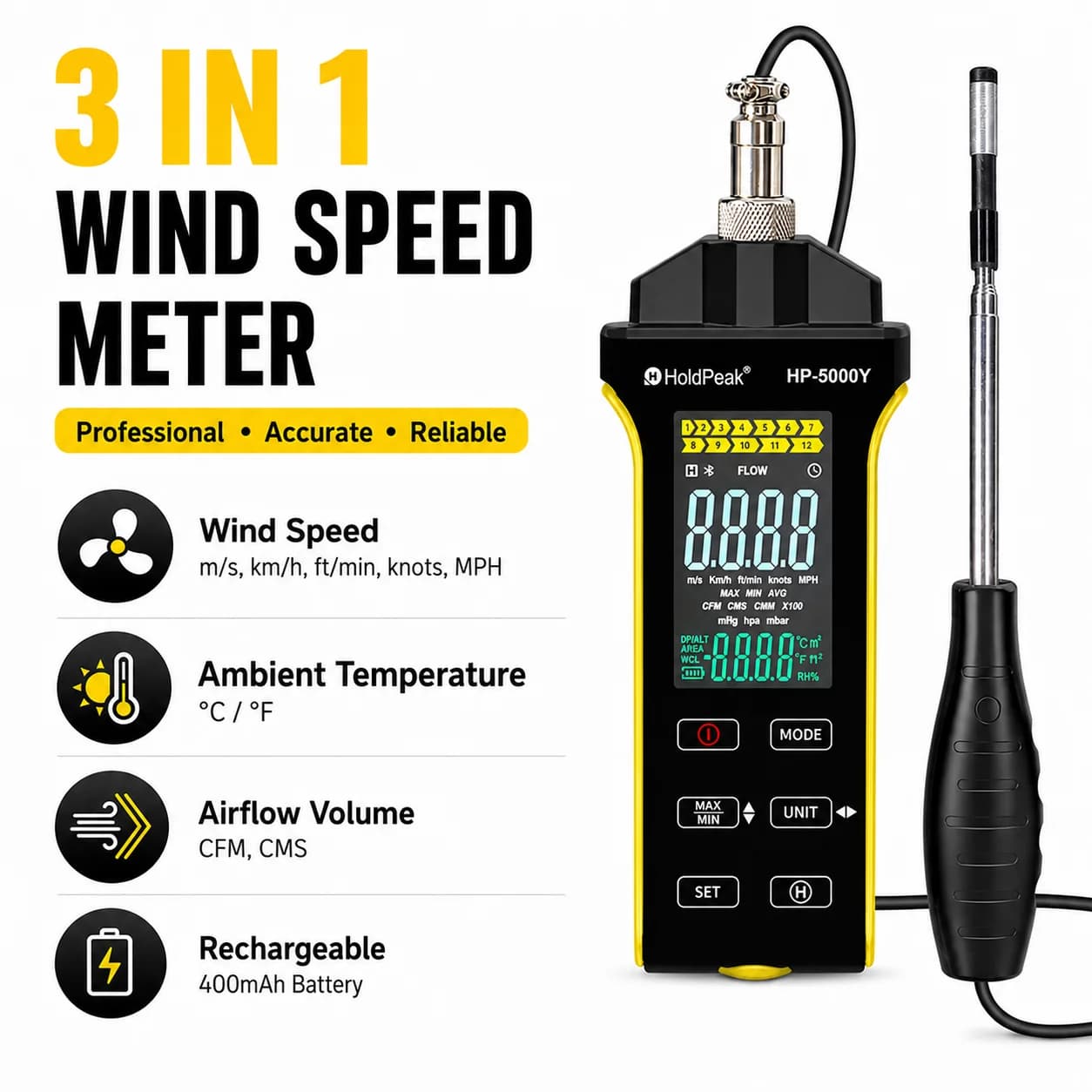 HoldPeak Handheld Hot Wire Anemometer 0.1 To30 M/s Telescopic Probe Digital Air Flow Meter CFM CMM Maximum and Minimum Temperatu