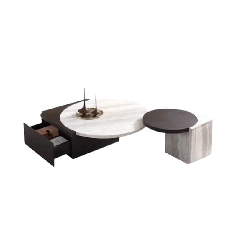 Molded combo coffee table with dark white oak texture and smoked white oak solid wood panel drawers
