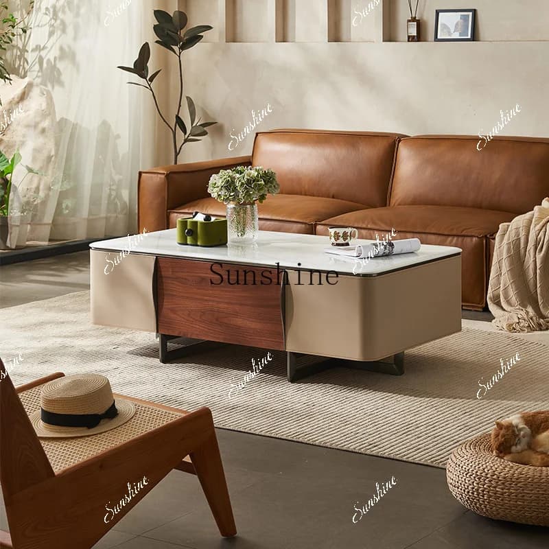 Italian minimalist saddle leather rectangular rock slab light luxury living room coffee table side table combination FT
