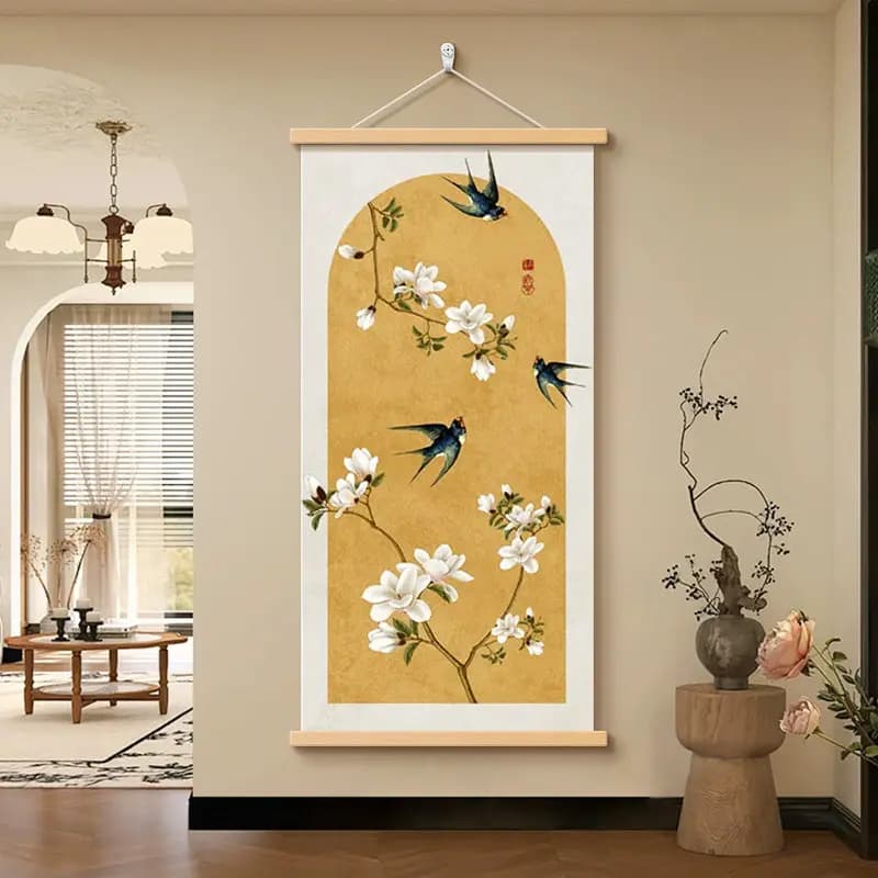 Auspicious Chinese Floral & Bird Painting, Returning Swallows Wall Art, Vertical Scroll for  Hotel Corridor & Hallway Decoration