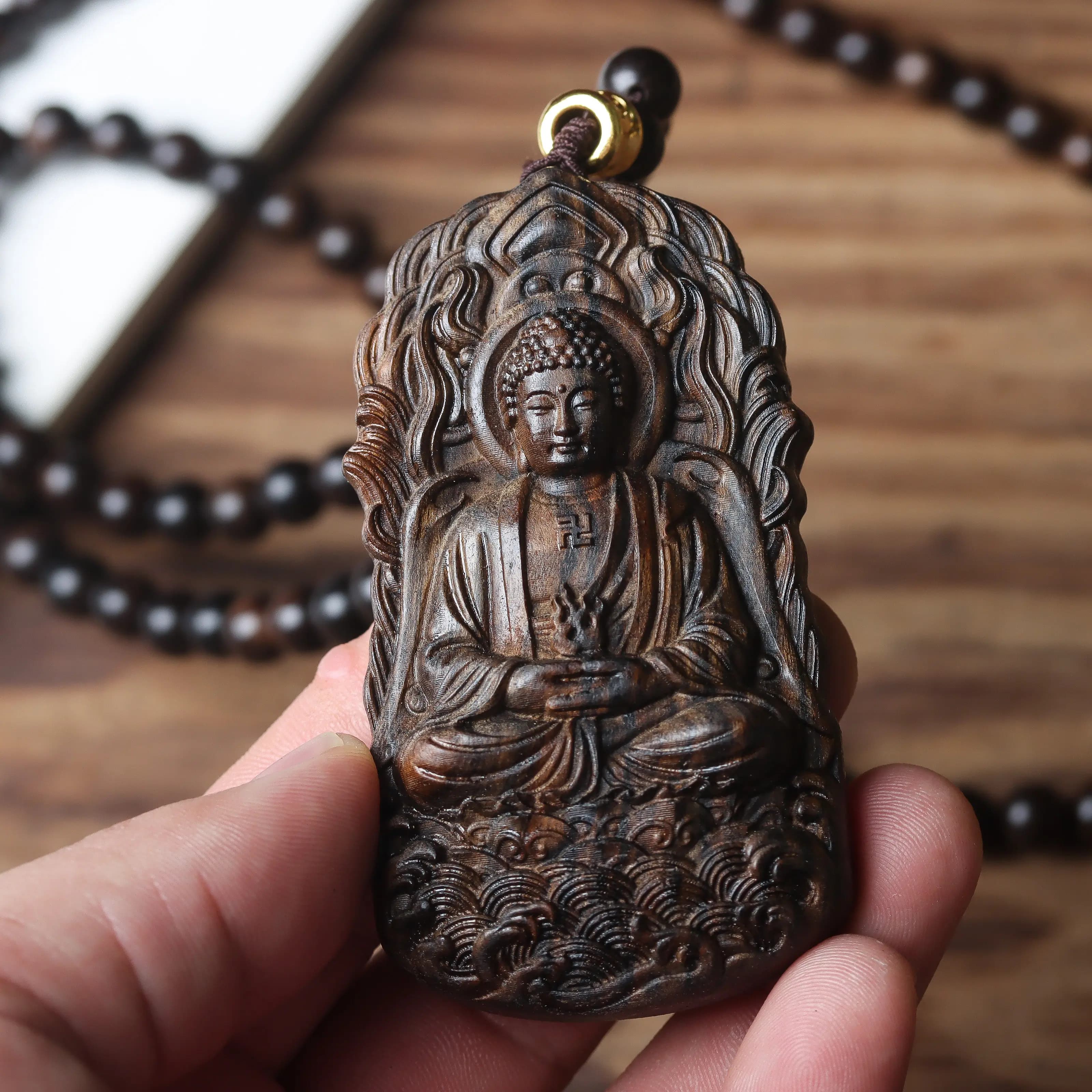 Cz agarwood buddha amulet vairocana buddha pendant necklace guardian god zodiac year pendant
