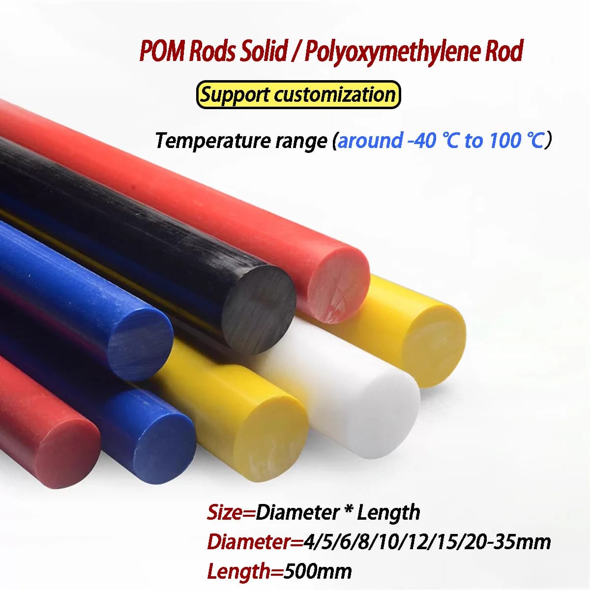 Diameter 4-35mm Black White Red Blue Yellow Green POM Rods Solid Plastic Bar  Length 500mm Polyoxymethylene Rod Stick Machining