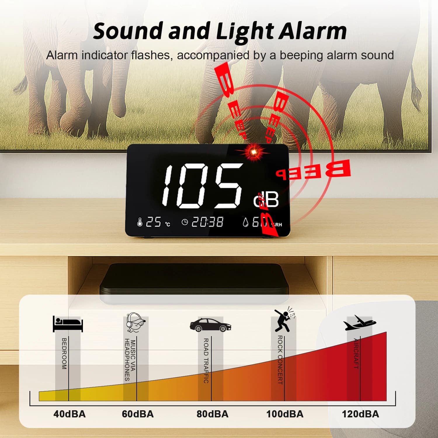 Sound Level Meter 30-130dB Digital Noise Meter USB Data Logging Thermometer Hygrometer Desktop Decibel Monitor with Alarm