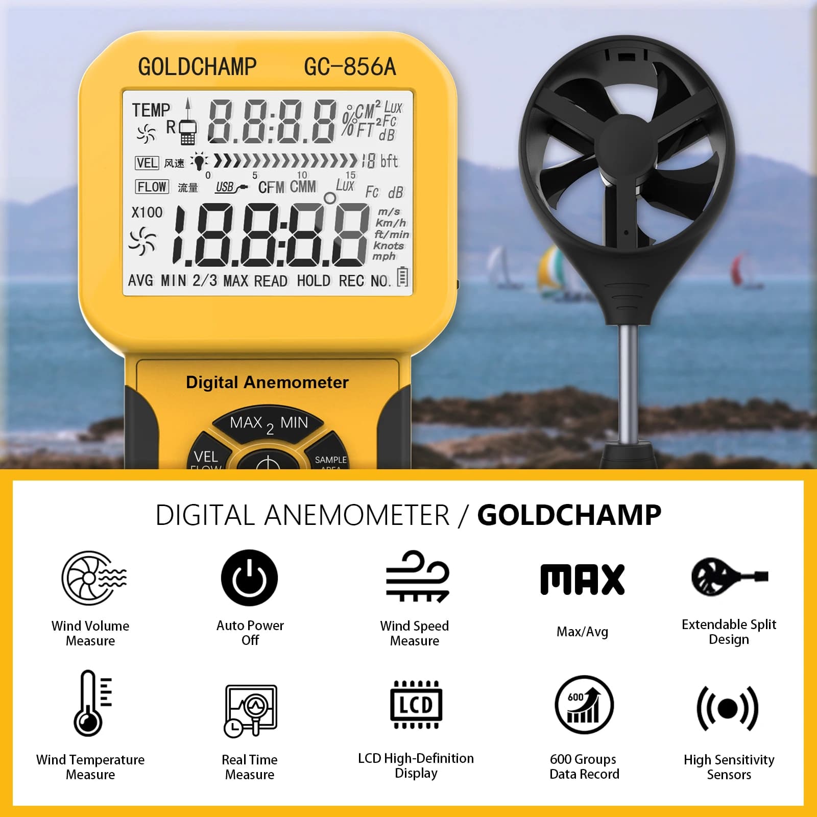 HoldPeak Digital Anemometer , Wind Speed Volume Temp Measurement Meter, Data Storage and Analysis Support, USB PC Connectivity