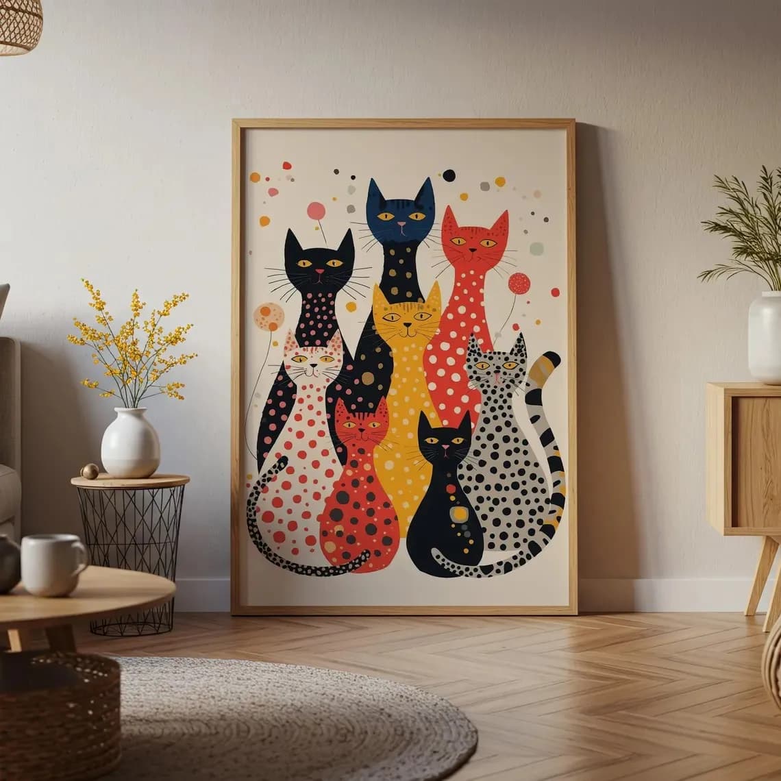 Yayoi Kusama Style Cat Art Print, Polka Dot Abstract Cat Poster, Modern Japanese Wall Art, Maximalist Colorful Decoration