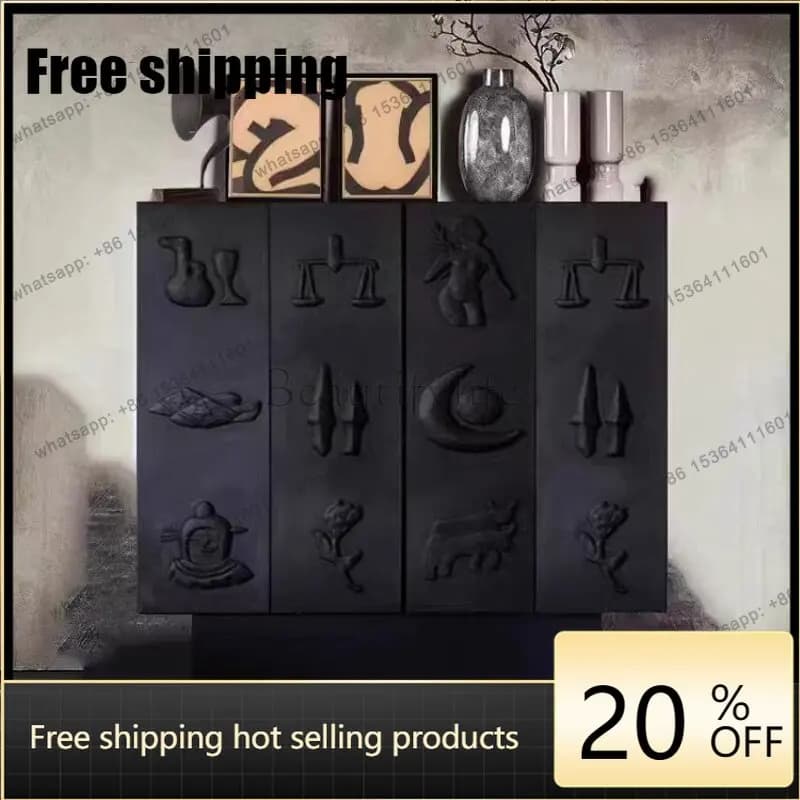 jj4 Modern Nordic side cabinet retro black porch carved tea cabinet