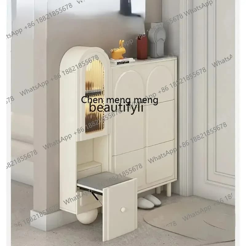 new  French Cream Style Ultra-Thin Shoe Cabinet Home Doorway Large Capacity Shoe Cabinet Stool Integrated ss 8617