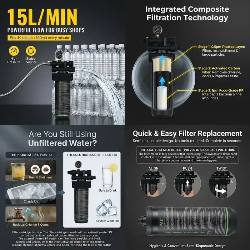 Compact High-Flow 15L/min Coffee Water Purifier Portable Commercial Filter for Outdoor Household Sinks with Quick-Change