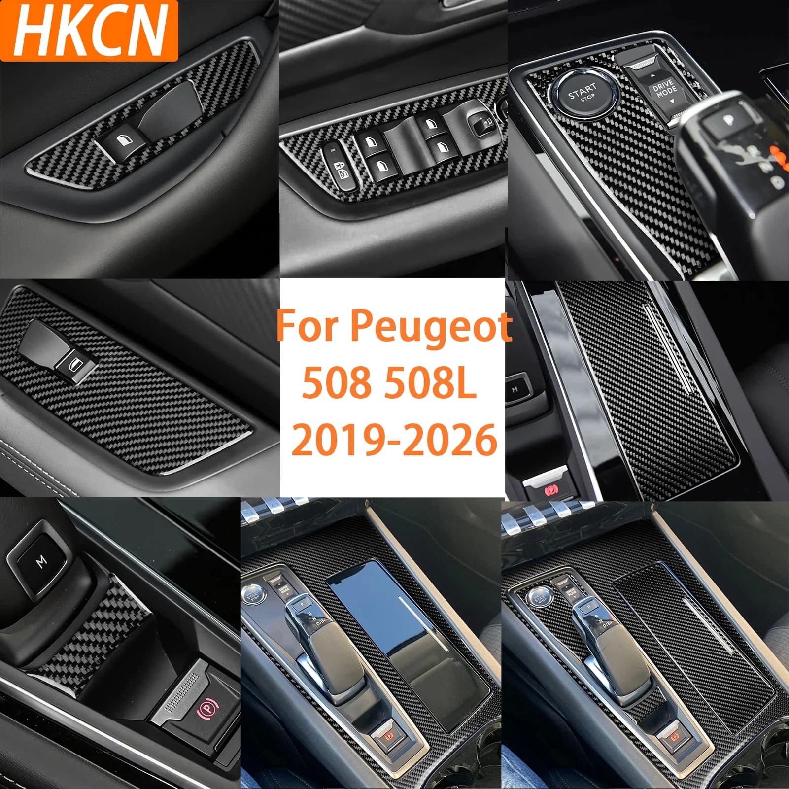 For Peugeot 508 508L 2019-2026 Carbon Fiber Central Control Gear Shift Cup Holder One-button Start Interior Accessory Stickers