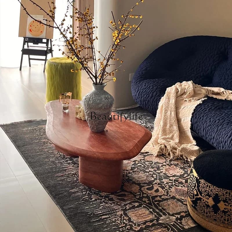 LXNatural red stone living room coffee table modern simple marble tea tableSSS