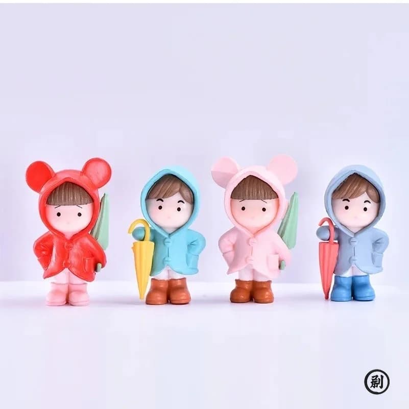 4pc Umbrella Raincoat Girl Boy Figure Decor Pvc Craft Figurine Decoration Miniature Fairy Garden Ornament Pendant DIY Accessory
