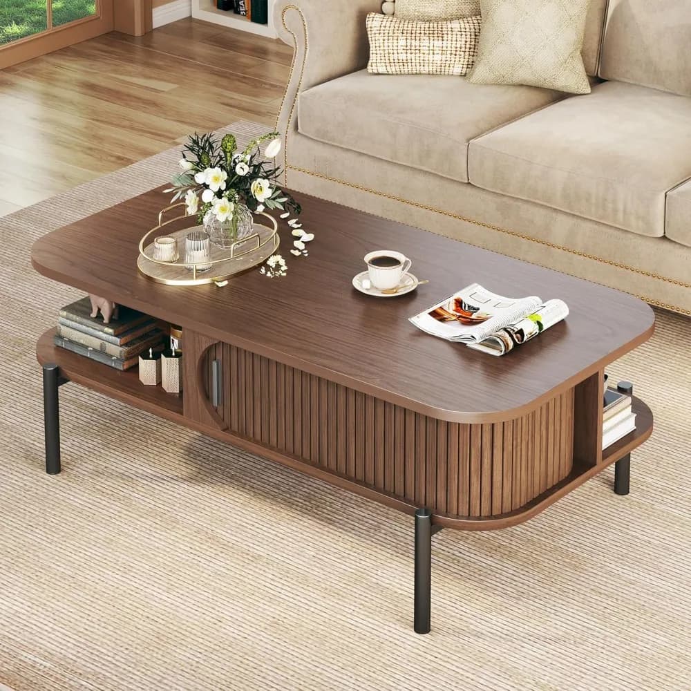 Mid Century Modern Coffee Tables for Living Room, Coffee Table with Storage Open Shelf