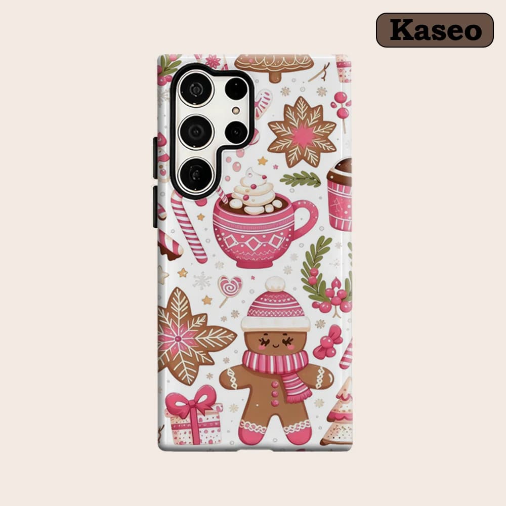 Kaseo Phone Case for Samsung Galaxy S26 S25 Ultra S24 Ultra Plus Shockproof Double Layer Pink Christmas Gingerbread Motif Cover