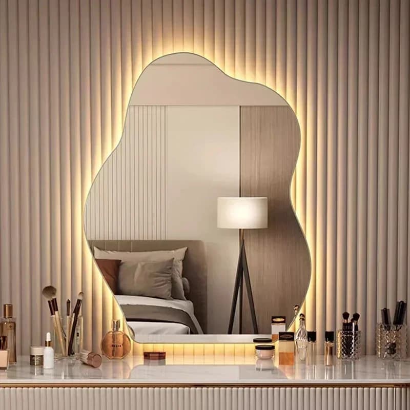 Irregular LED Mirror Bathroom Wall Living Room Small Light Aesthetic Funky Mirror Portable Art Moon Spiegel Wand Home Products