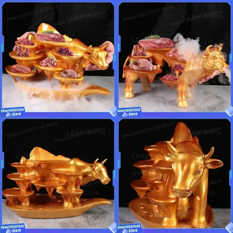 Creative Resin Cow Shaped Hot Pot Plate Gold Whole Beef Feast Chaoshan Style Barbecue Dish Artistic Dry Ice Tableware for
