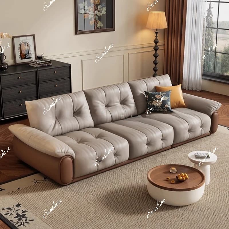 Leather sofa, living room Italian retro cream style straight row small apartment three people