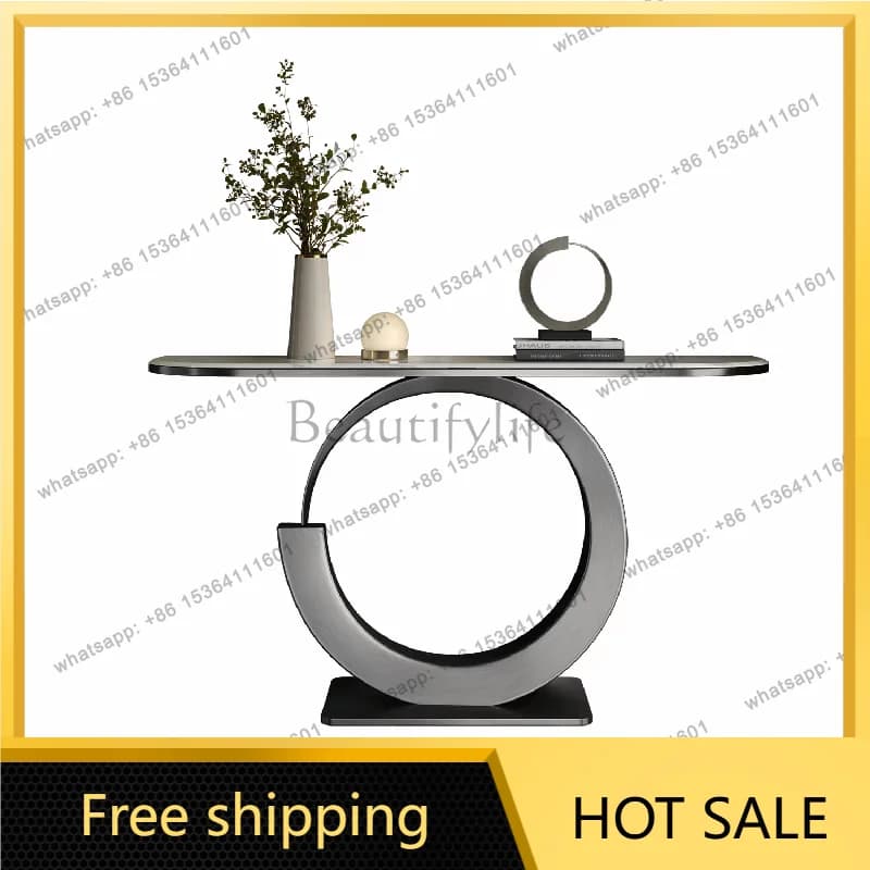 XX. Light luxury minimalist living room against the wall strip modern simple rock slab porch table