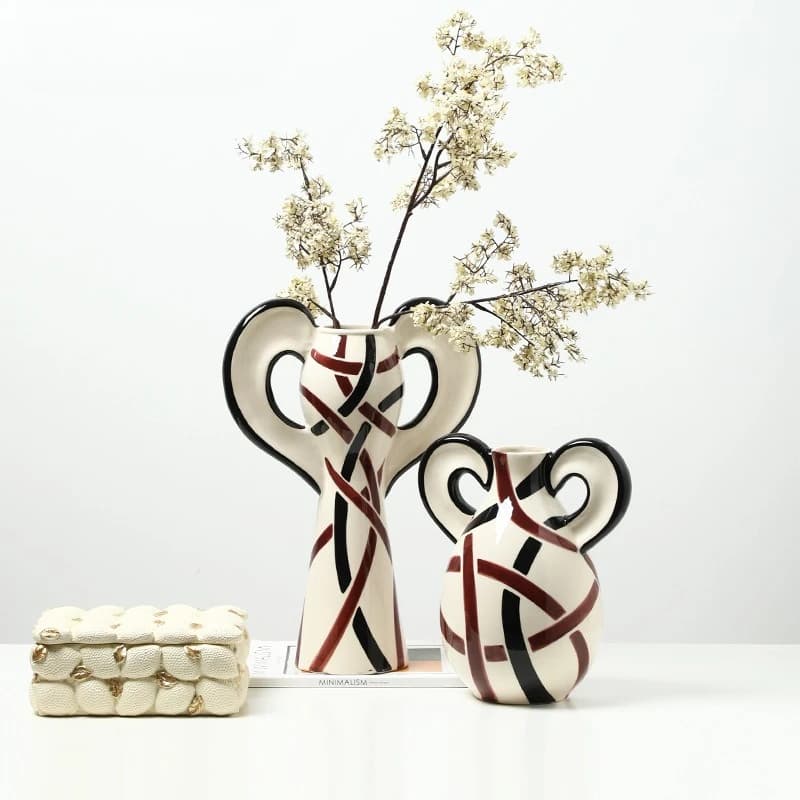 Nordic Modern Hand‑Painted Line Ceramic Vase Big‑Ear Handle Vessel Designer Ornament for Living Room Entryway Sample House Decor