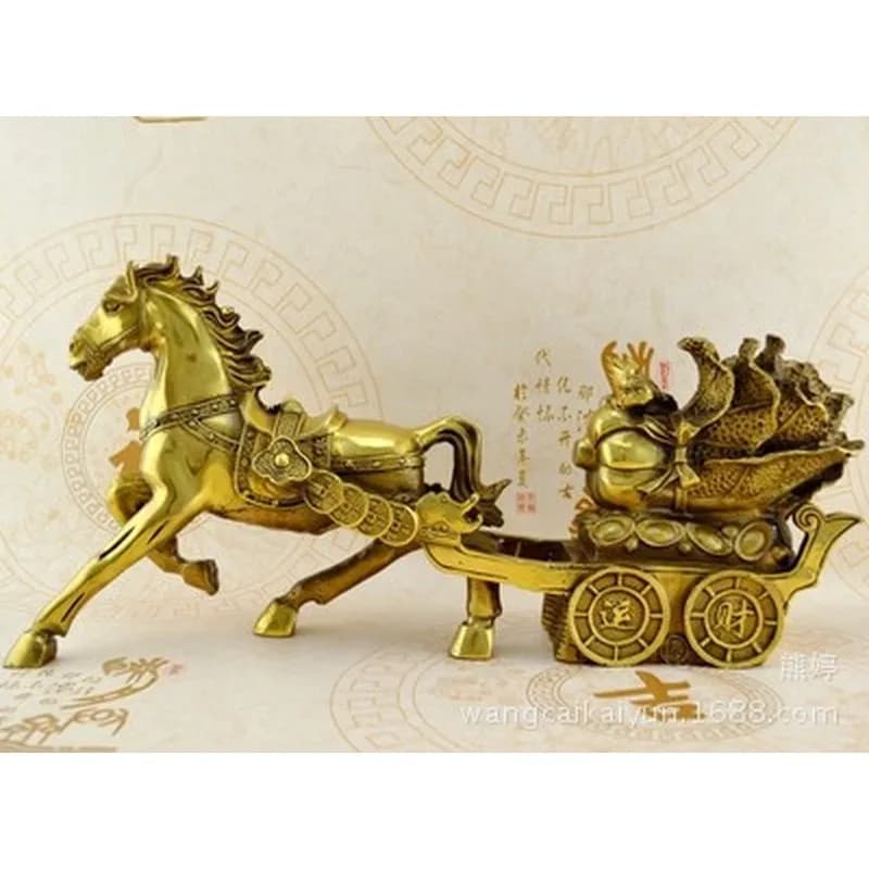 Bronze horse, bronze horse pulling a treasure chest, bronze horse pulling a cart, zodiac horse figurine, bronze handicrafts