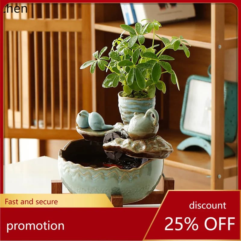 HT New Chinese Style Wealth-Attracting Water Flow Ornament Ceramic Living Room Tea Table Decoration Circulating Water Landscape