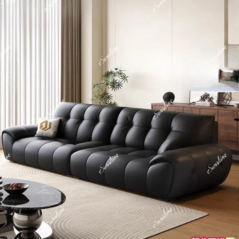 Italian minimalist straight row leather sofa modern minimalist living room black retro