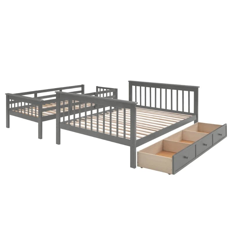 Bedroom Dorm Twin-Over-Full Bunk Bed With Drawer Storage Guard Rail Stairway For Adults Gray