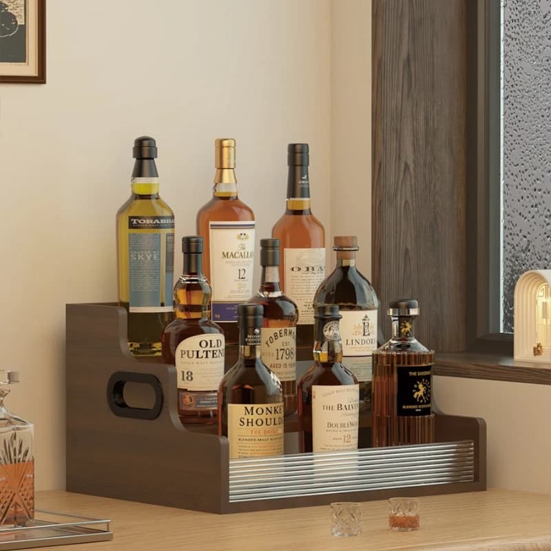 Nordic Style Wooden Wine Rack Desktop Display Stand with Handle Tiered Liquor Organizer Easy-to-Clean Mini Cabinet for Home Bar