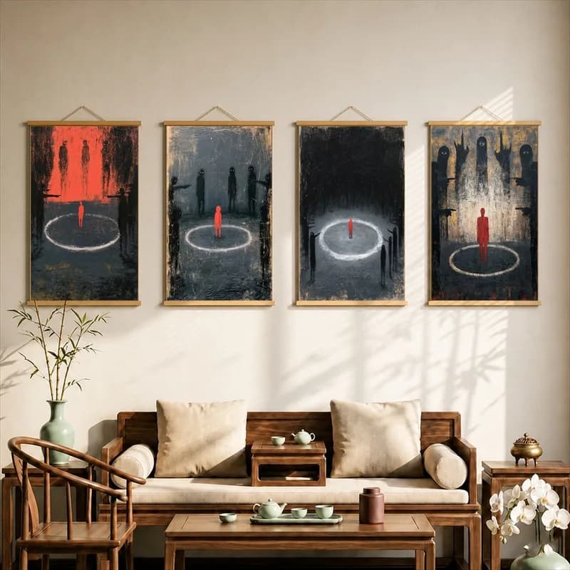 Wall Decor Solitary Red Figures inside Dark Circles, Pearlescent Canvas Hanging Scroll for Gallery Exhibition Space Wall Decor