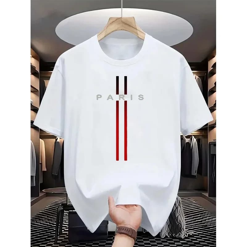 Men's 100% Pure Cotton Summer Casual Loose Fashion Paris Letter Printed Comfortable Round Neck Short Sleeved T-shirt Top