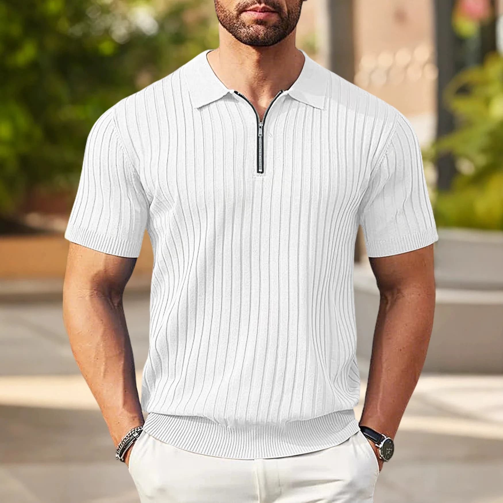 2026 Summer Men's Vertical Stripe Half Zipper Polo Shirt Breathable Elastic Casual T-Shirt