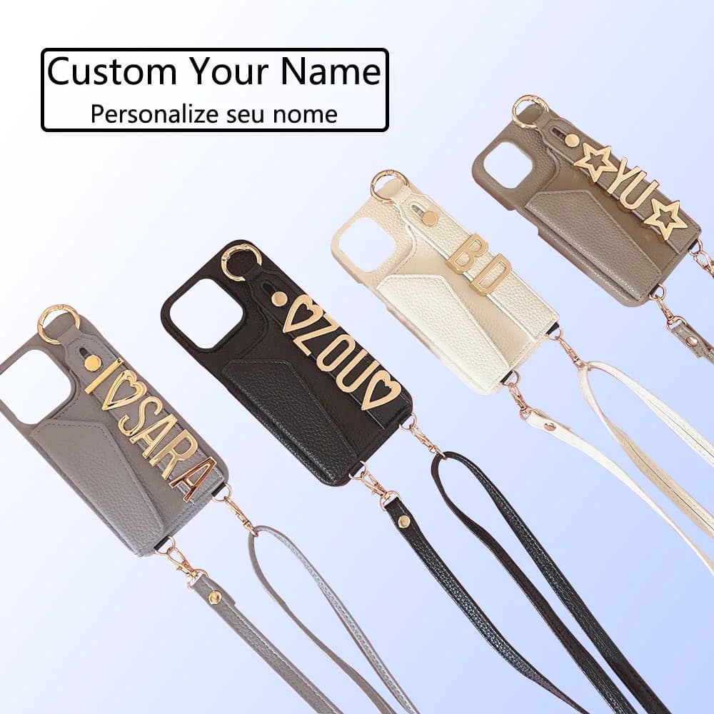 Crossbody Luxury Custom Name Metal Letters Lanyard Leather Phone Case For iPhone 16 15 11 12 13 14Pro Max Personalized Cover