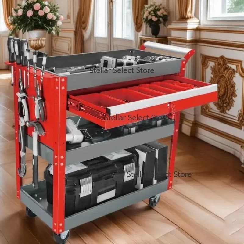 3-Tier Heavy Metal Rolling Hand-Powered Tool Cart Featuring Locking Sliding Drawers Hanging Board 500lb Load Mechanic Studio