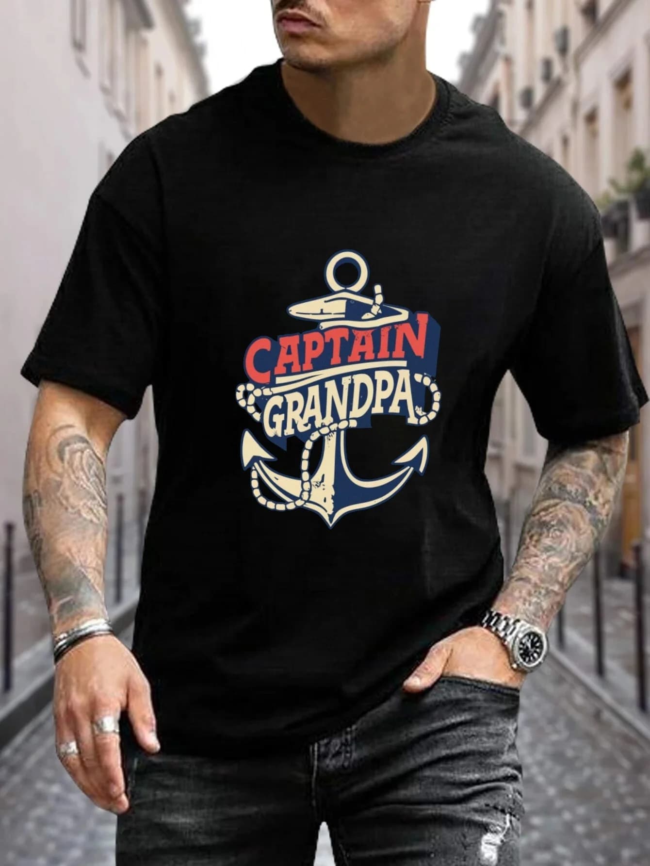 Captain Grandpa Anchor Graphic T-Shirt 100% Cotton O-Neck Short Sleeve Summer Casual Mens T-shirt Streetwear