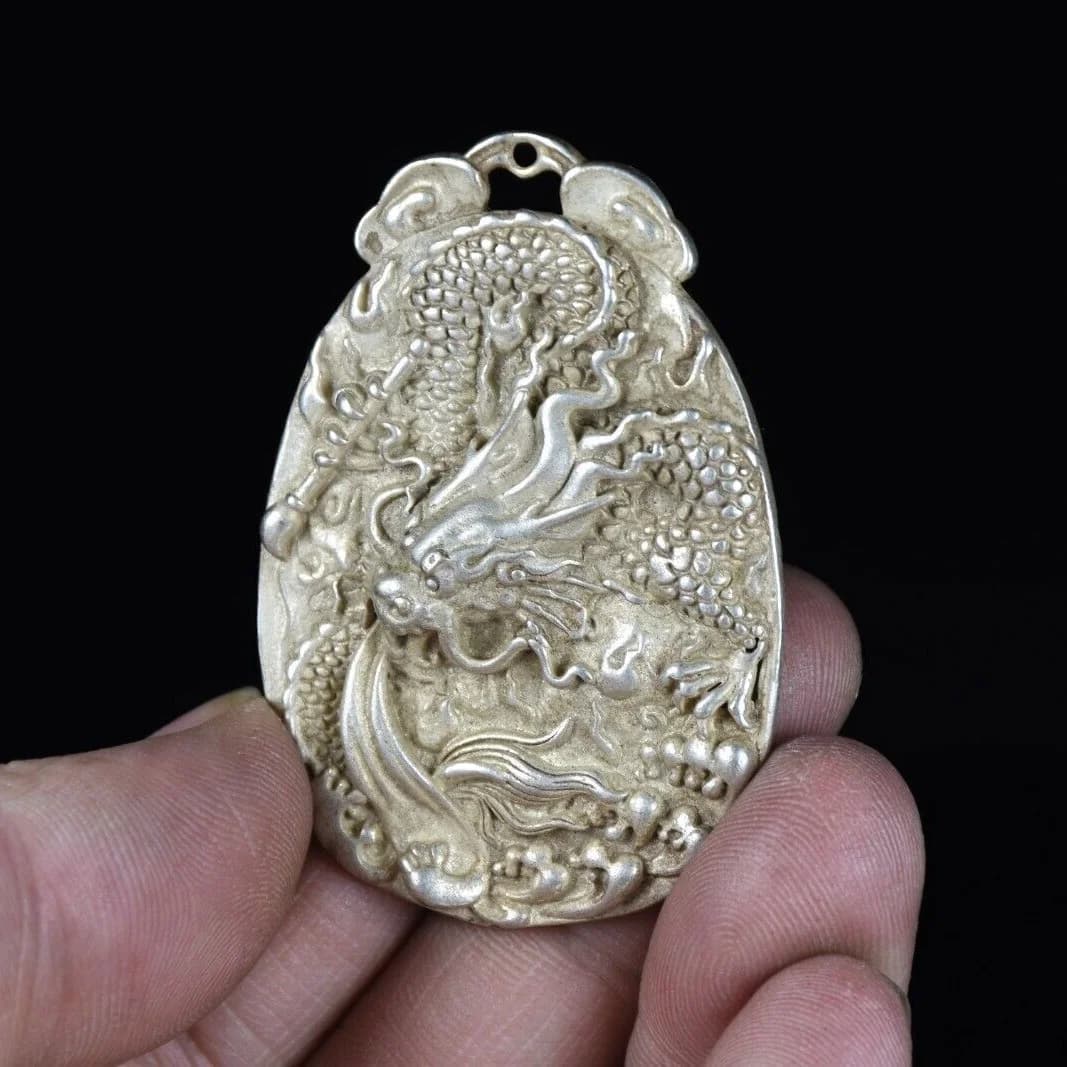 5.7CMOld China Miao Silver Feng Shui Loong Dragon Luck statue