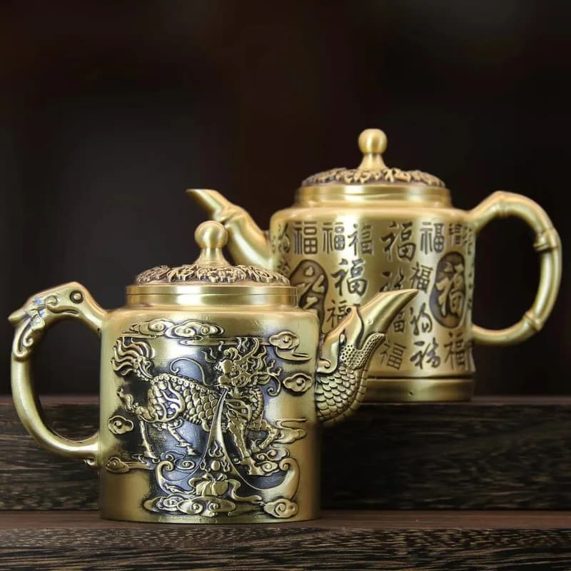 Hundred Blessings Brass , a Handcrafted Luxury Ornament for the Tabletop, Chinese-Style Copper Teapot with Bamboo Joint Pa