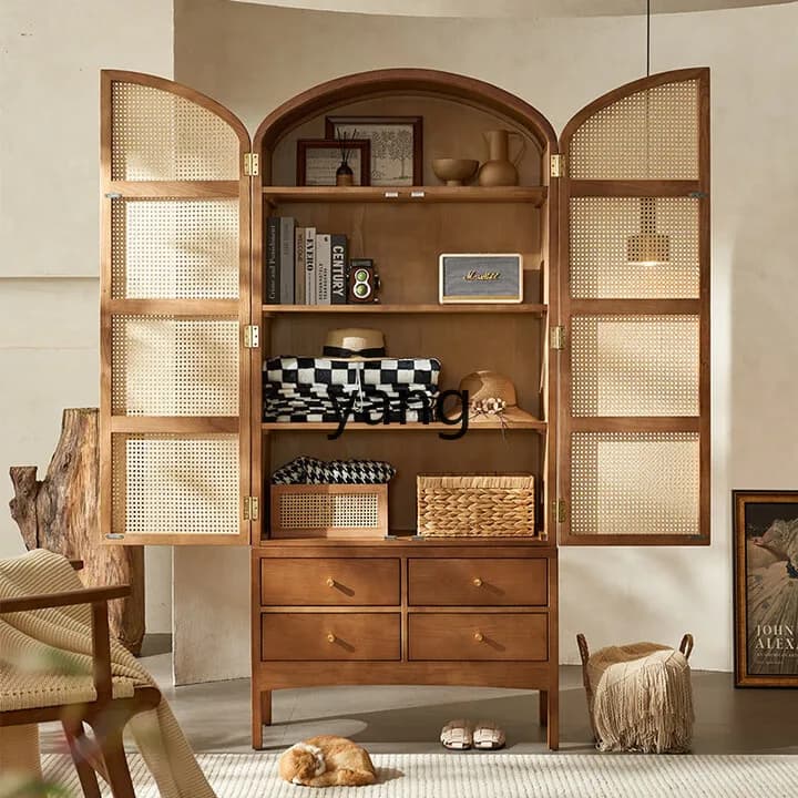 CXX retro solid wood rattan storage housekeeping cabinet B & B hotel high cabinet