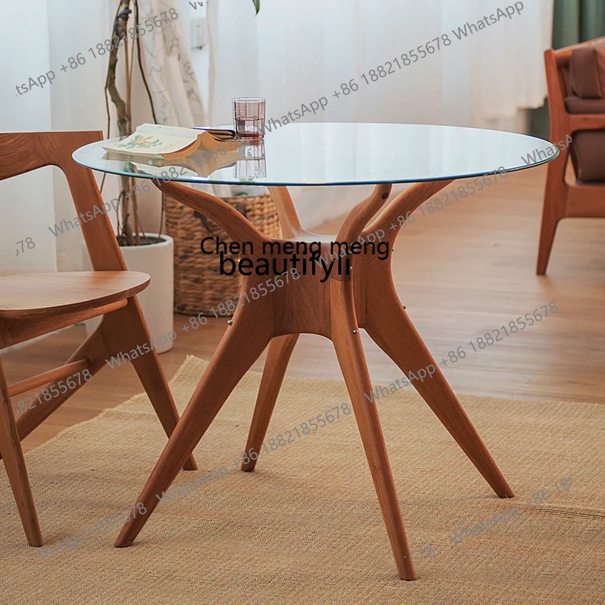 Nordic retro solid wood black walnut glass round dining table and chair combination