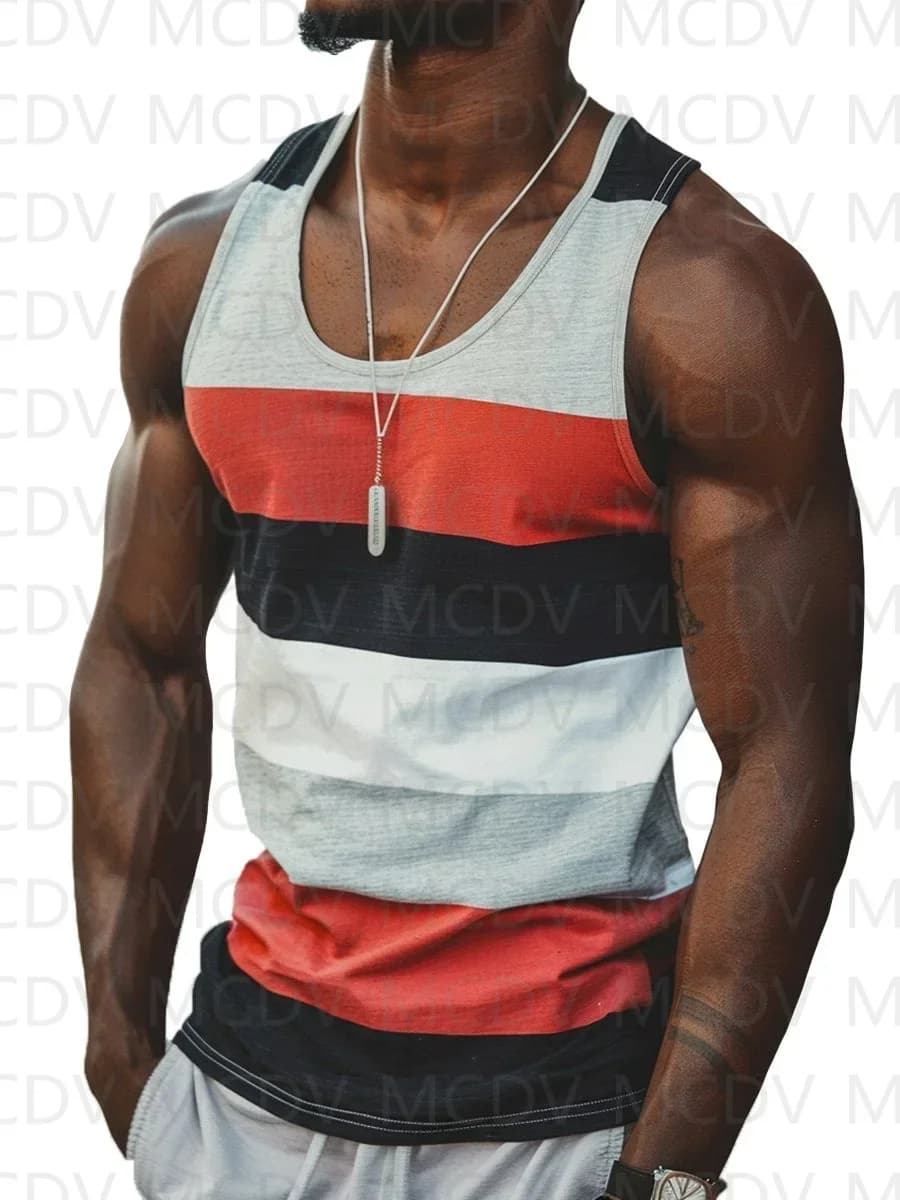 Men's Vertical Stripes Colorful Print Round Neck Casual Tank Top 3D Printed Tank Tops Men Summer Tops