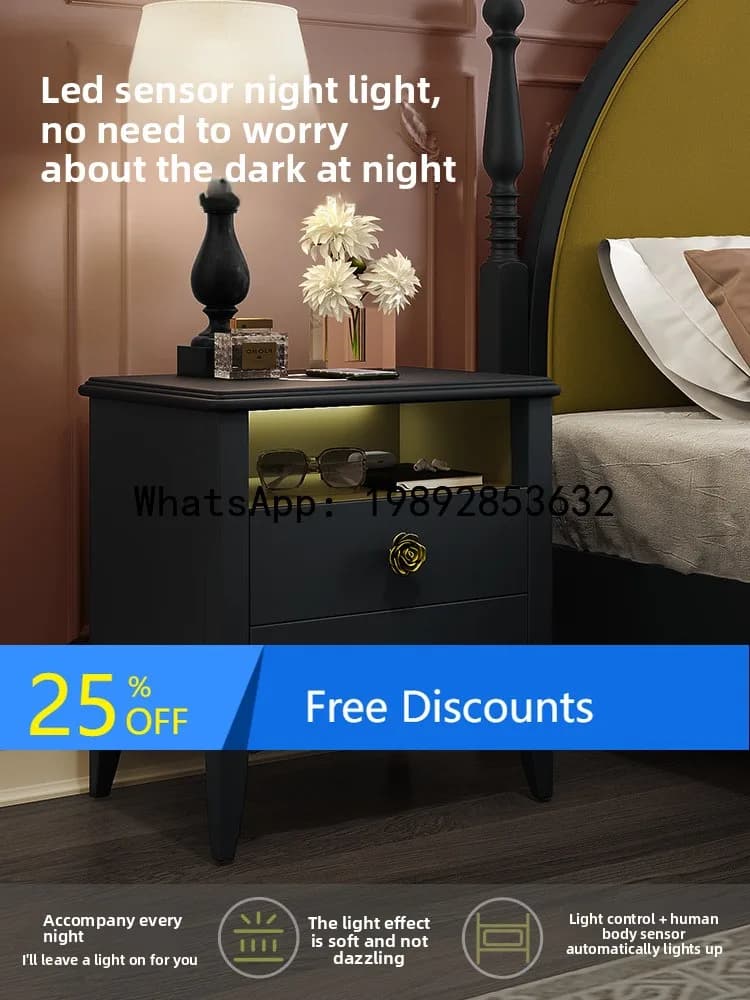 YFY Smart Bedside Table Wireless Charging Hidden Lock American Retro Solid Wood Storage Cabinet Home Multi-Functional