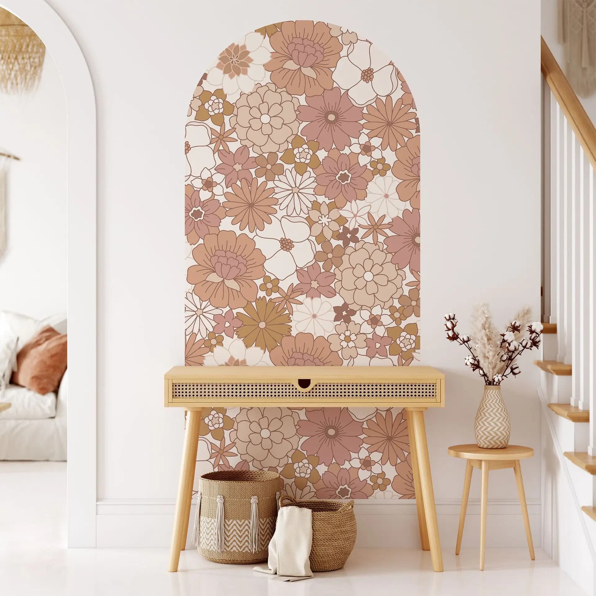 Boho Romantic Pink Floral Arch Art Wall Sticker Peel and Stick 2 in 1 for Living Room Background Decor Waterproof PVC Home Decor