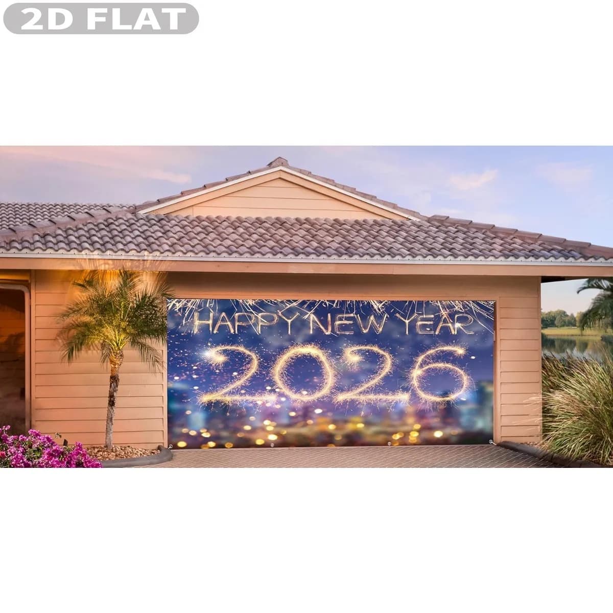 2D FLAT 1pc 6x13ft New Year 2026 Garage Door Decor, Durable Polyester Fabric Beautiful Gold Sparkler City Lights Blue Garage